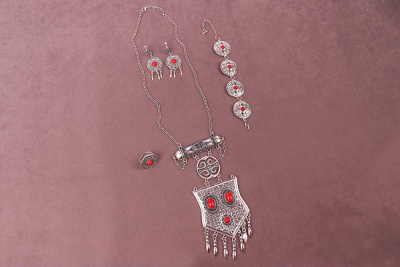 Комплект этнических украшений №156 Античное серебро/Красный - изображение
