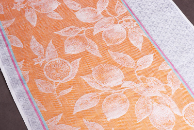 Ткань полотенечная лен 50 1977 Лимон оранжевый/серый - изображение