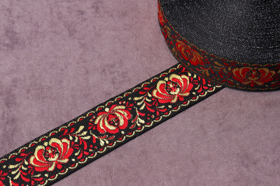 Лента 30мм жаккардовая 9581 Гжель Чёрный/красный/жёлтый - изображение