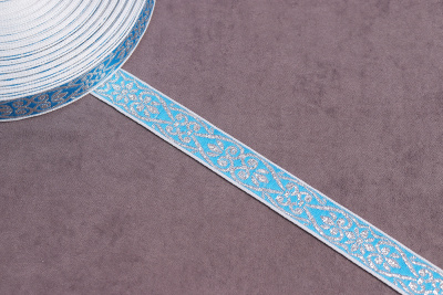 Лента 17мм жаккардовая 9798 Узоры Белый/голубой/серебро - изображение