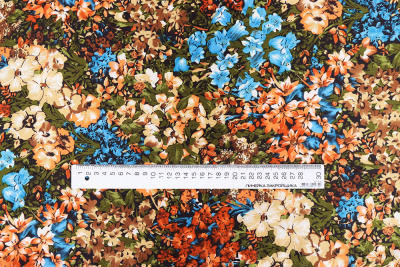 Атлас-стрейч Цветы Бирюзовый/оранжевый - изображение