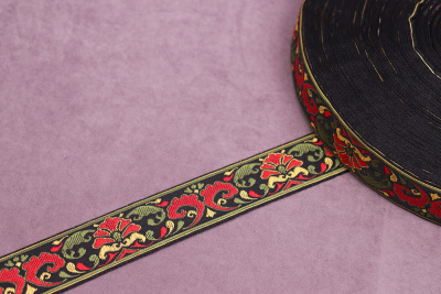 Лента 30мм жаккардовая 9117 Цветок Зеленый на черном - изображение