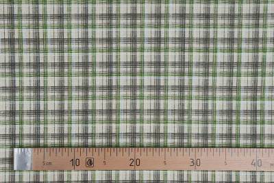 Лен набивной П-25 150 ИВ Черно-зеленая клетка на бежевом - изображение