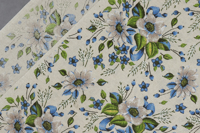 Лен набивной П-25 150 ИВ Голубые цветы на бежевом - изображение