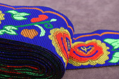 Тесьма жаккардовая 50мм Цветы Синий/Красный/Зеленый - изображение