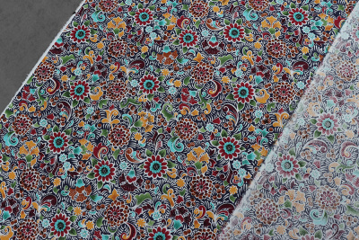 Поплин набивной 145 гр/м.кв. Цветы на т.синем - изображение