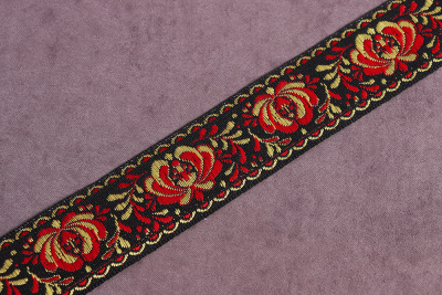Лента 30мм жаккардовая 9581 Гжель Чёрный/красный/жёлтый - изображение