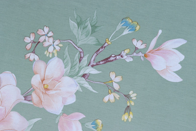 Сатин набивной 220 Цветы на зеленом - изображение