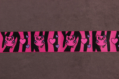 Репсовая лента с рисунком 25мм Совы на розово-черном - изображение
