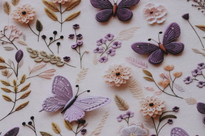 Кулирная гладь с лайкрой Цветы/бабочки на св.бежевом - изображение
