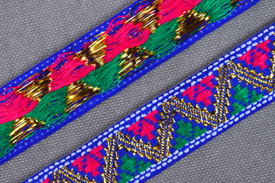 Тесьма  жаккардовая 20мм 27-28/14 Зигзаг Синий/Зеленый/Розовый/Золото - изображение