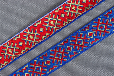 Лента 17мм жаккардовая 9505 Славянский орнамент Оберег Синий/красный/желтый - изображение