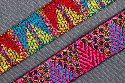Тесьма жаккардовая 25мм СТ21 Бирюзовый/Фуксия/Золотой/Розовый - изображение