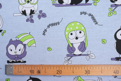 Бязь набивная 150 Ив 120 гр/м.кв. Совы на серо-голубом - изображение