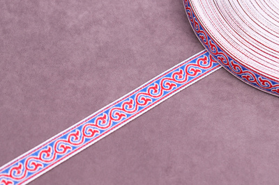 Лента 15мм жаккардовая 9594 Узоры народов севера Синий/Красный/Белый - изображение