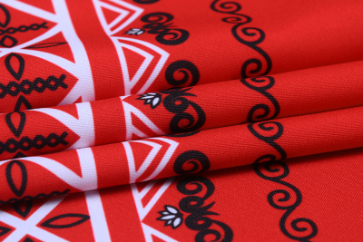 Габардин набивной бордюр Славянский рисунок на красном - изображение