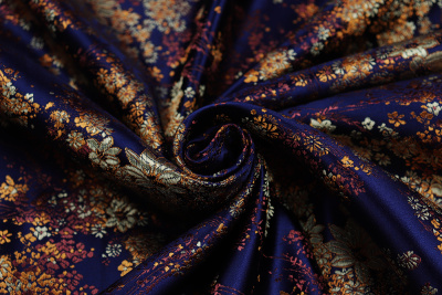 Шелк-жаккард цветы диагональ Т.синий - изображение