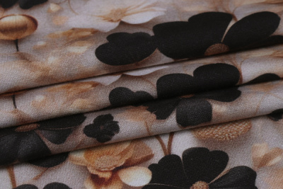 Кулирная гладь с лайкрой Цветы на бежевом - изображение