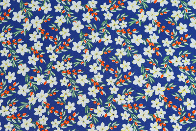 Штапель набивной  Цветы на пыльно-синем - изображение