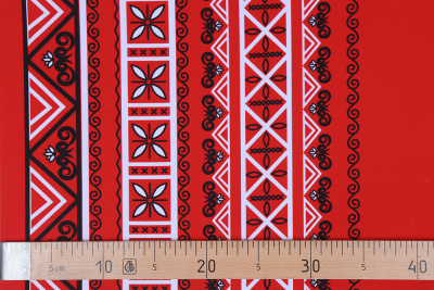 Габардин набивной бордюр Славянский рисунок на красном - изображение