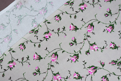 Лён набивной 145 гр/м.кв. Бутоны на сером - изображение