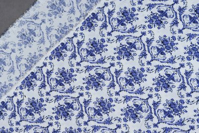 Штапель набивной 11978 Орнамент синий на белом - изображение