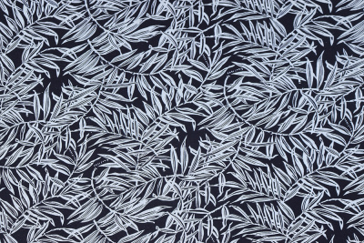 Лен-вискоза 3482 Листья Белый/т.синий - изображение