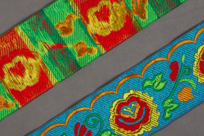 Тесьма жаккардовая 50мм Цветы Бирюза/Красный/Зеленый - изображение
