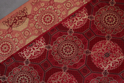 Шелк-жаккард монгольский круги в квадратах Бордовый - изображение