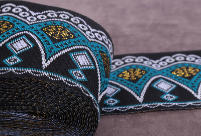 Тесьма жаккардовая 50мм Орнамент Черный/Бирюзовый - изображение