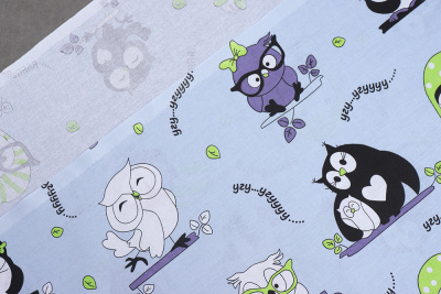 Бязь набивная 150 Ив 120 гр/м.кв. Совы на серо-голубом - изображение