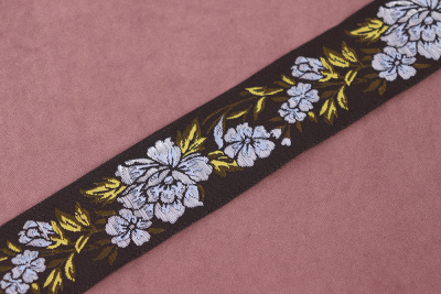 Тесьма 35мм жаккардовая Пионы Черный/Голубой/Зеленый - изображение