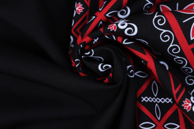 Габардин набивной бордюр Славянский рисунок на черном - изображение