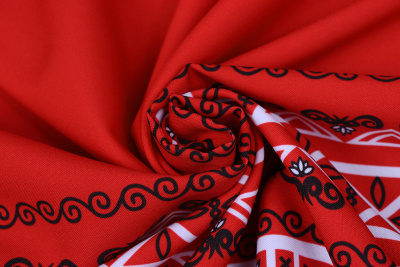 Габардин набивной бордюр Славянский рисунок на красном - изображение