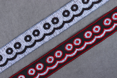 Тесьма жаккардовая 25мм 27-27/12 Орнамент Черный/Белый/Красный - изображение