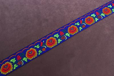 Тесьма жаккардовая 50мм Цветы Синий/Красный/Зеленый - изображение