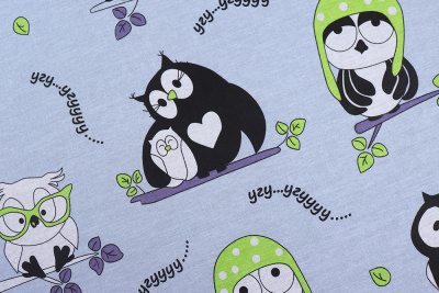 Бязь набивная 150 Ив 120 гр/м.кв. Совы на серо-голубом - изображение