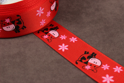 Репсовая лента с рисунком 25мм Корова Красный/черный/розовый - изображение