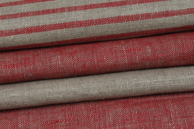 Лен пестротканный 166027 Красно-бежевые полосы - изображение