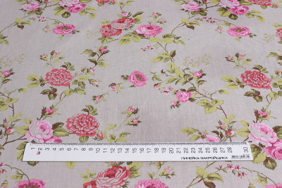 Лён набивной 145 гр/м.кв. Роза Прованс на сером - изображение