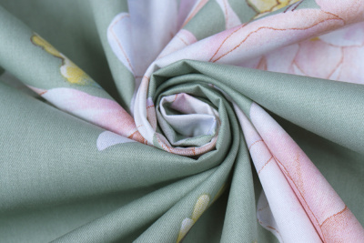 Сатин набивной 220 Цветы на зеленом - изображение