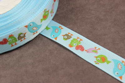 Репсовая лента с рисунком 15мм Птицы Голубой/красный/зеленый/розовый - изображение