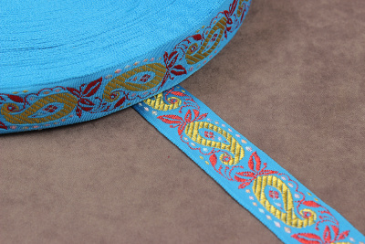 Лента 23мм жаккардовая 9055 Огурцы Голубой/желтый/красный/белый - изображение