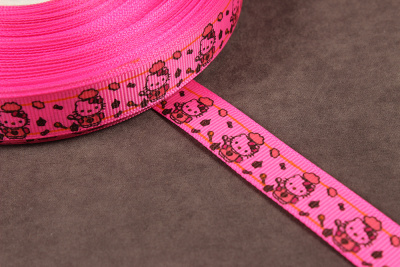 Репсовая лента с рисунком 15мм Hello Kitty Яр.розовый/оранжевый/красный/черный - изображение