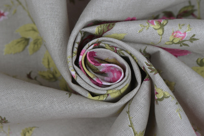 Лён набивной 145 гр/м.кв. Роза Прованс на сером - изображение