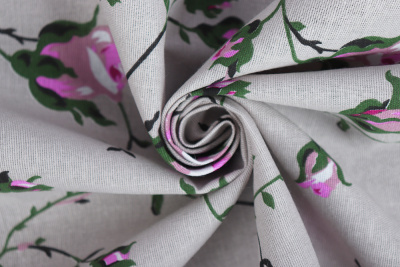 Лён набивной 145 гр/м.кв. Бутоны на сером - изображение