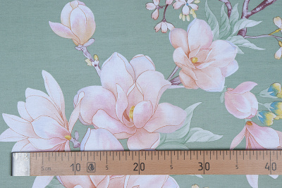 Сатин набивной 220 Цветы на зеленом - изображение