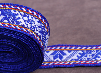 Тесьма жаккардовая 20мм Славянские узоры Синий/Белый - изображение