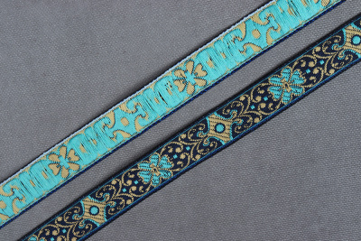 Лента 17мм жаккардовая 8756  Черный/Бирюза/Золото - изображение
