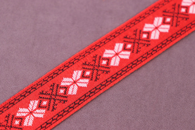 Лента 22мм жаккардовая 9081 Славянский орнамент Красный/Белый/Черный - изображение